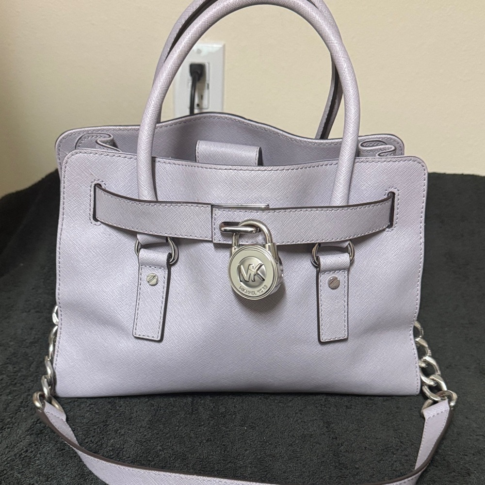 Michael Kors Lavender Saffiano Satchel with Silver MK Padlock